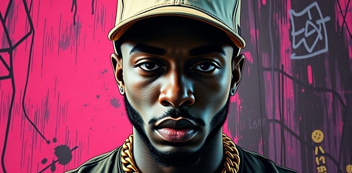 Porträt eines Hip-Hop-Künstlers vor Graffiti-Hintergrund – Kategorie Hip-Hop & Rap Beats