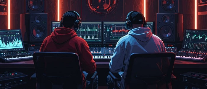 Zwei Musikproduzenten arbeiten im Studio an exklusiven Beats mit moderner Audio-Software und Studiomonitoren